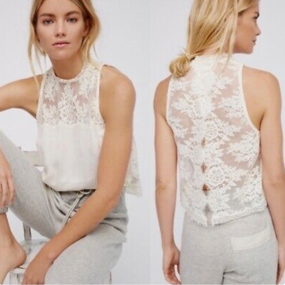 Free People Size XS Ivory Tied to You Open Back Lace High Neck Tank Top Blouse